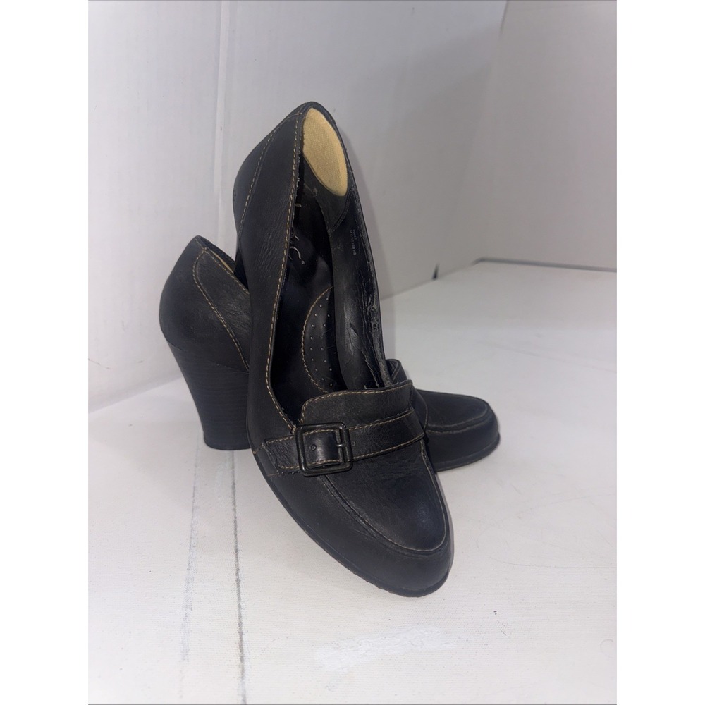 BOC Born Concept Black Leather Heels Buckle Strap Loafers Women's Shoes Size 10